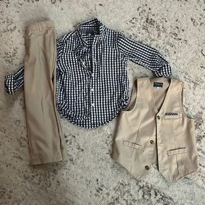 3 piece outfit with long sleeve shirt, vest, and khaki pant boy size 6